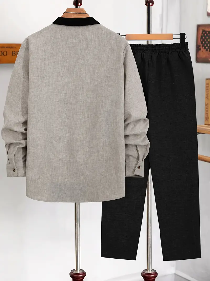 Men's Khaki & Black Suit-Inspired Full Sleeve Shirt & Pants Set