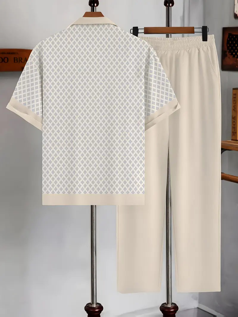 Men's Apricot & White Printed Suit-Inspired Shirt & Pants Set