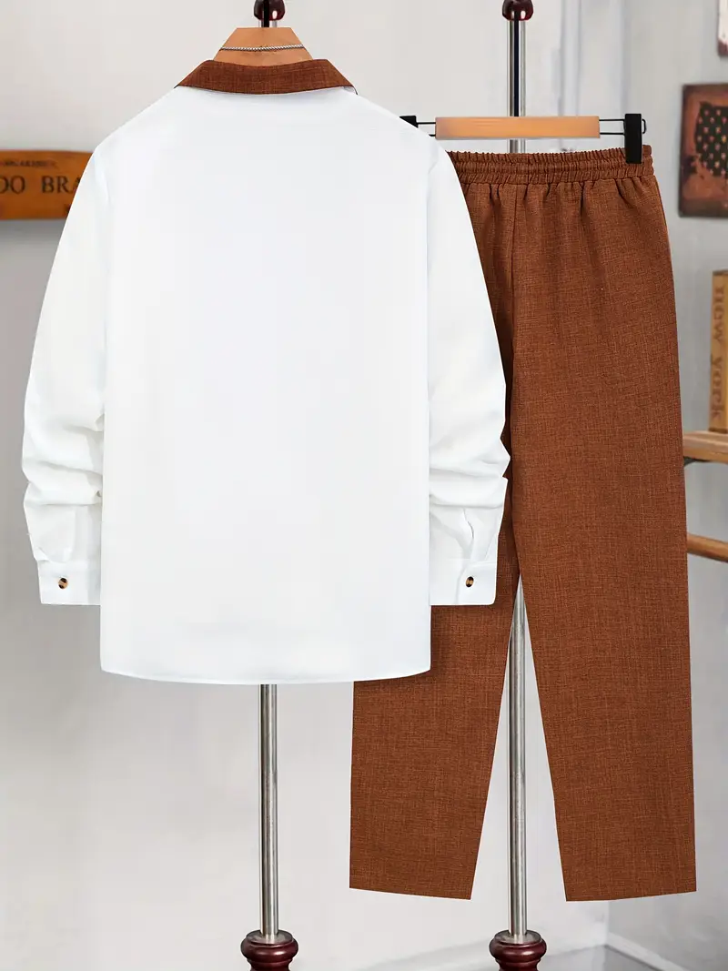 Men's Brown & White Suit-Inspired Full Sleeve Shirt & Pants Set