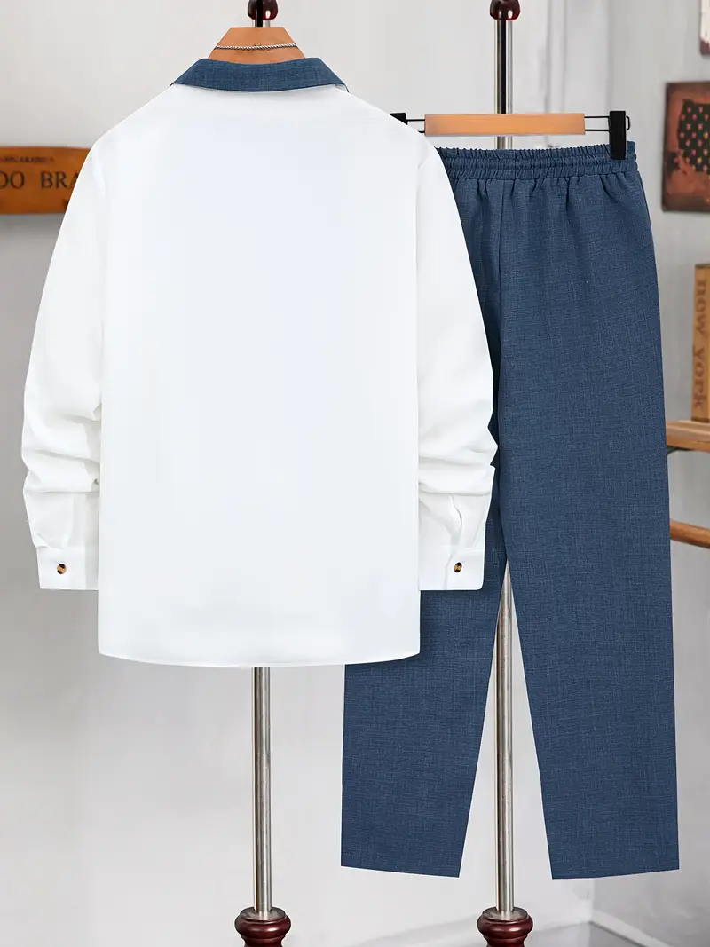 Men's Blue & White Suit-Inspired Full Sleeve Shirt & Pants Set