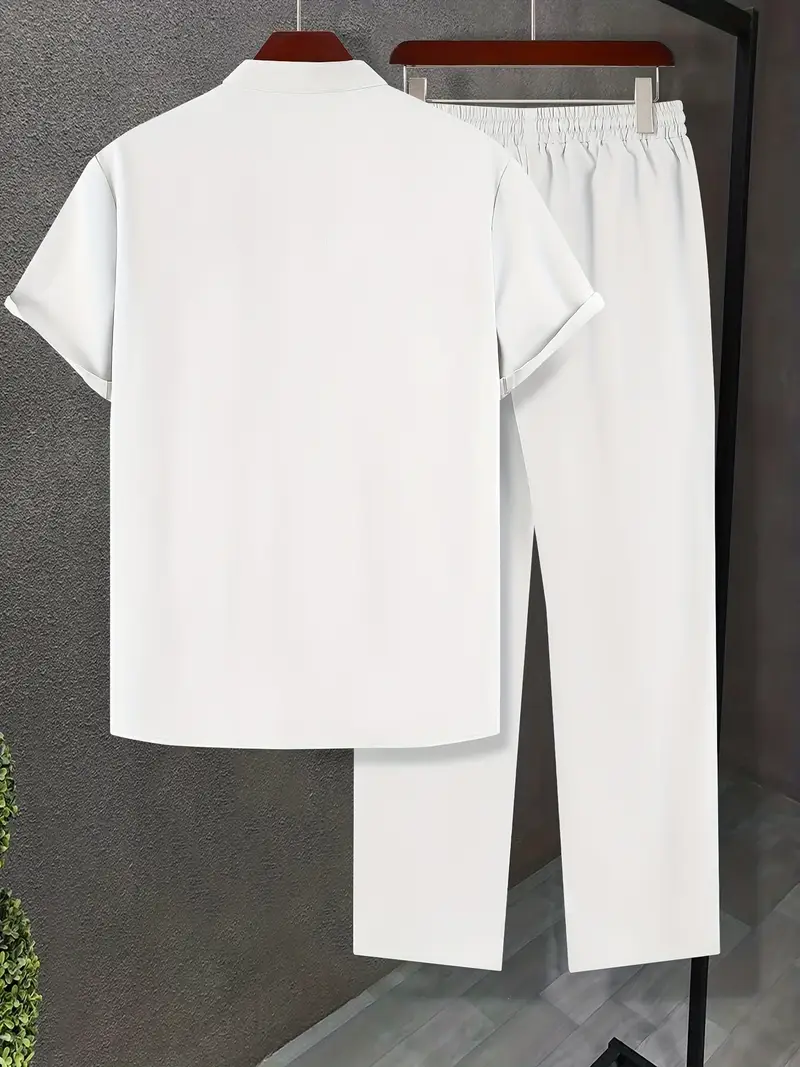 Men's White Casual Sleeve Button Shirt & Pants Set