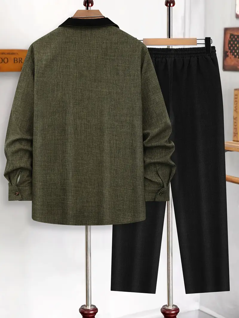Men's Green & Black Suit-Inspired Full Sleeve Shirt & Pants Set