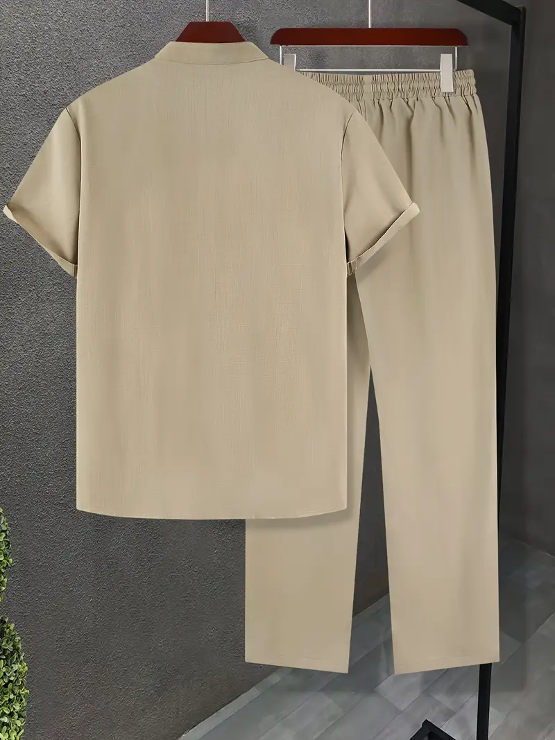 Men's Apricot Casual Sleeve Button Shirt & Pants Set