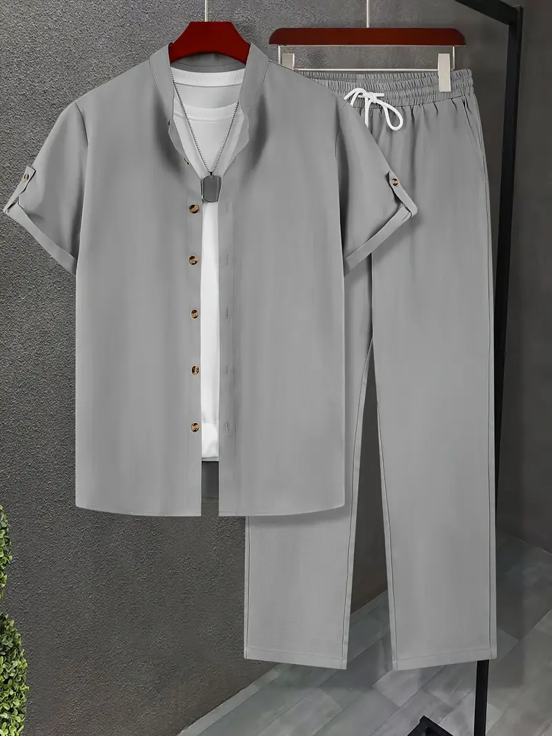 Men's Grey Casual Sleeve Button Shirt & Pants Set