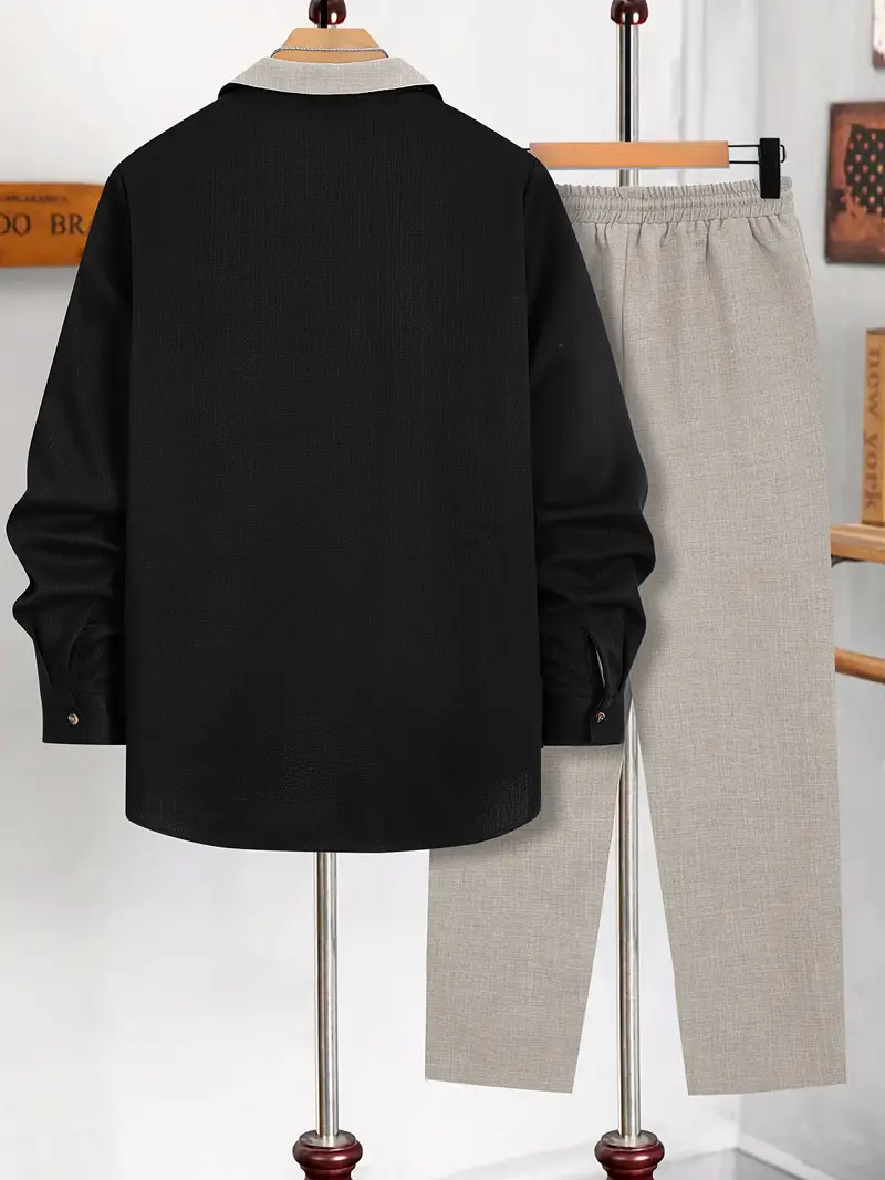 Men's Black & Khaki Suit-Inspired Full Sleeve Shirt & Pants Set