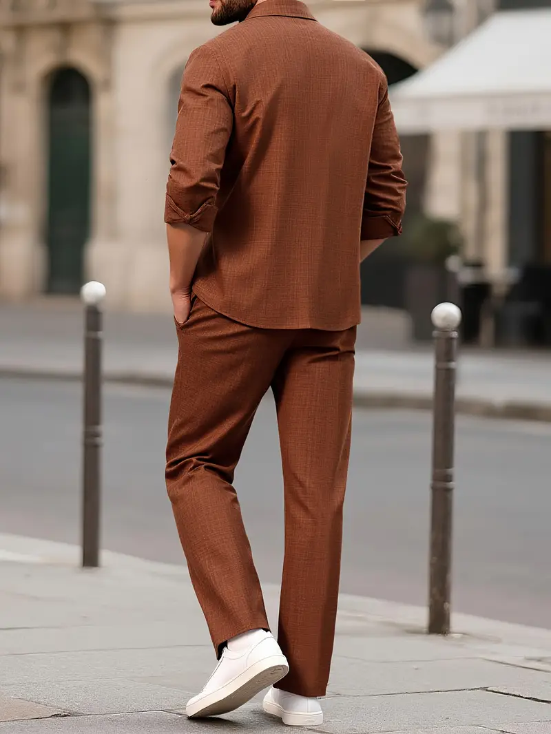 Men's Brown Double Pocket Full Sleeve Shirt & Pants Set