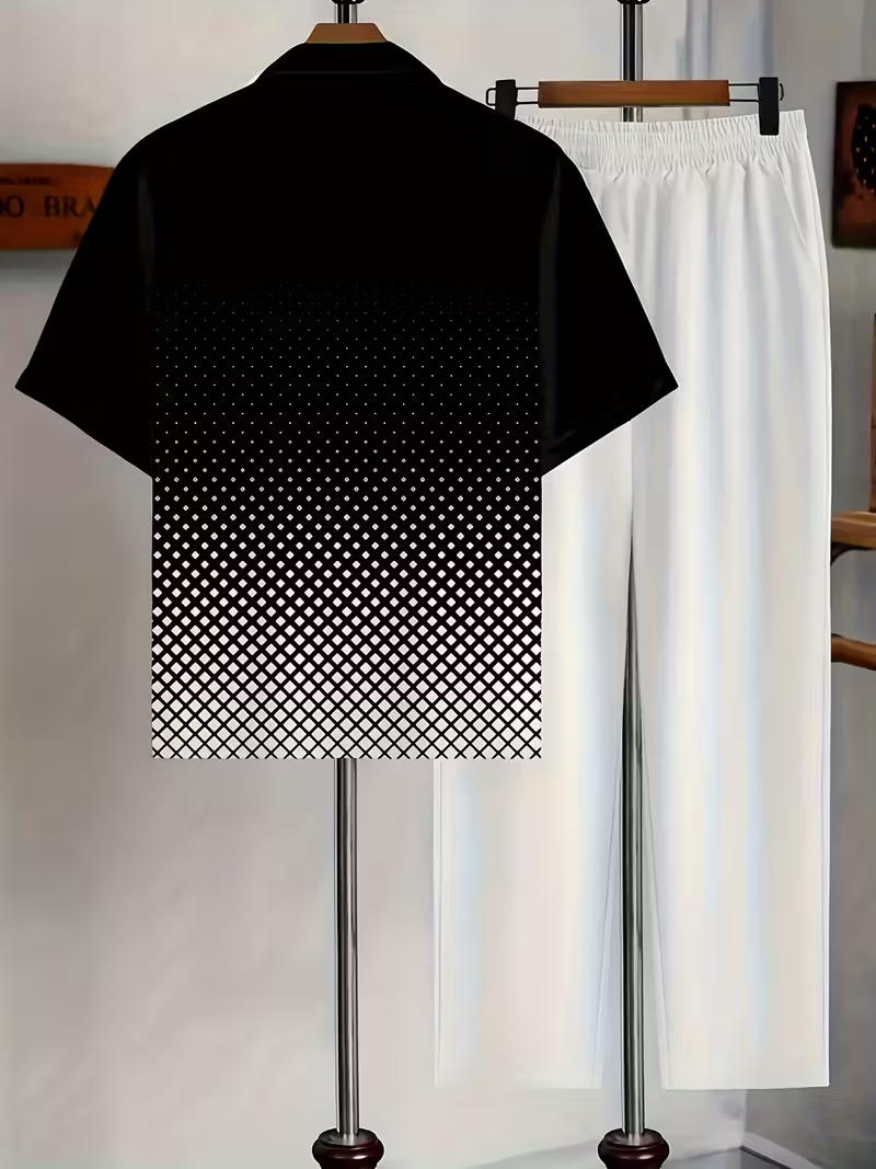 Men's Stylish Black & White Suit-Inspired Shirt & Pants Set