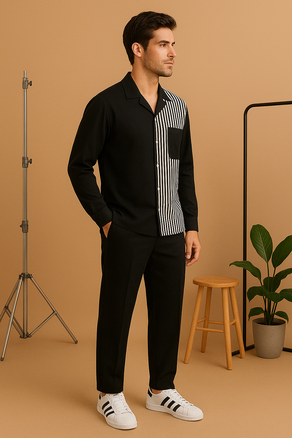 Men's Black & White Lining Shirt & Pants Set