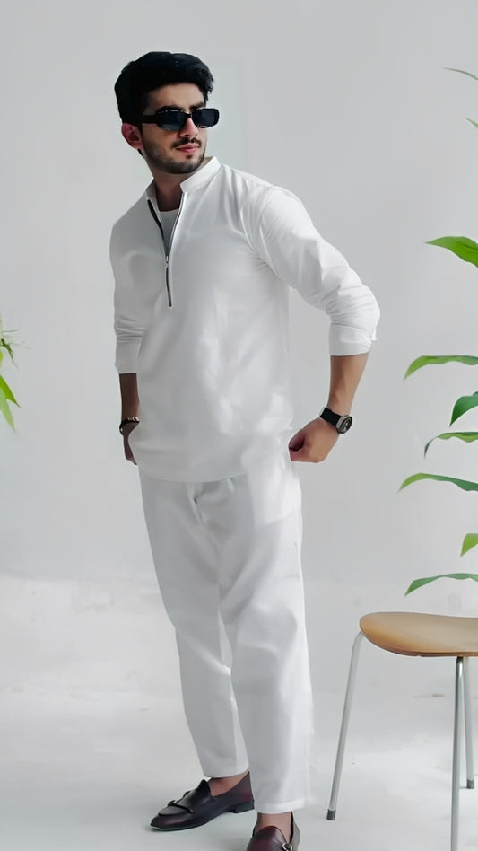 Men's White Zipper Shirt & Pants Set