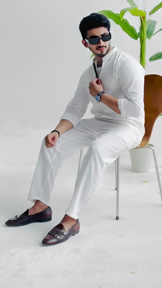 Men's White Zipper Shirt & Pants Set