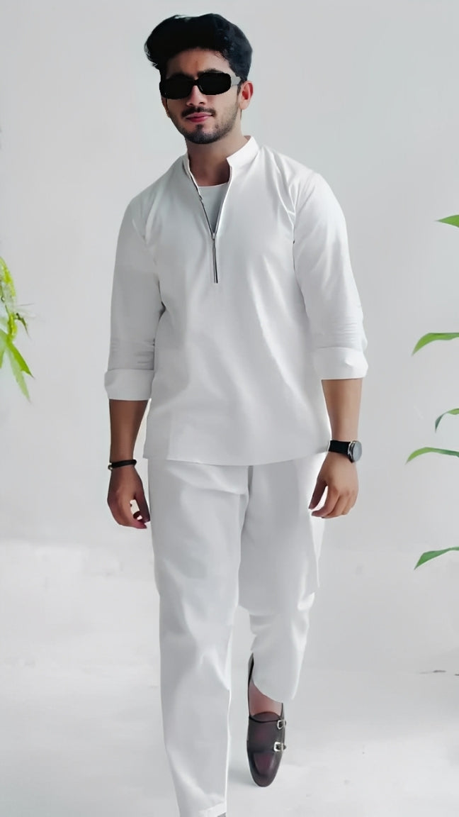 Men's White Zipper Shirt & Pants Set
