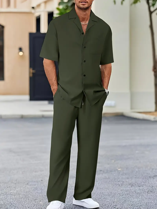 Men's Army Green Casual Suit-Inspired Shirt & Pants Set