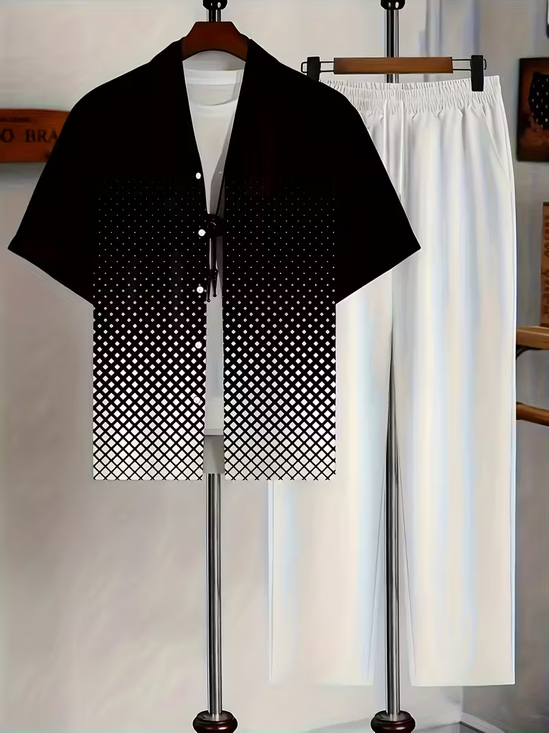 Men's Stylish Black & White Suit-Inspired Shirt & Pants Set