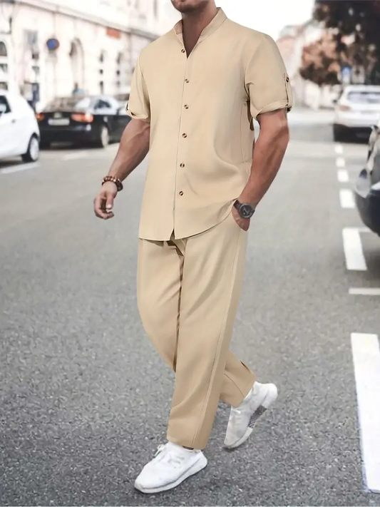 Men's Apricot Casual Sleeve Button Shirt & Pants Set