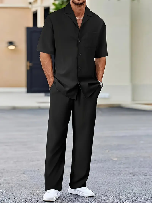 Men's Black Casual Suit-Inspired Shirt & Pants Set