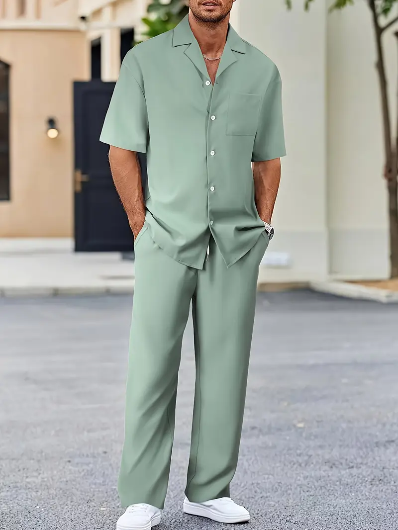 Men's Light Green Casual Suit-Inspired Shirt & Pants Set