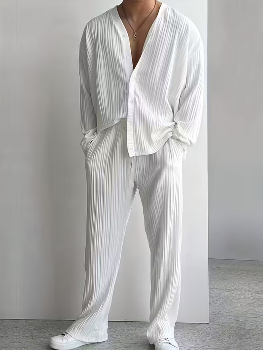 Men's White Textured Full Sleeve Shirt & Pants Set
