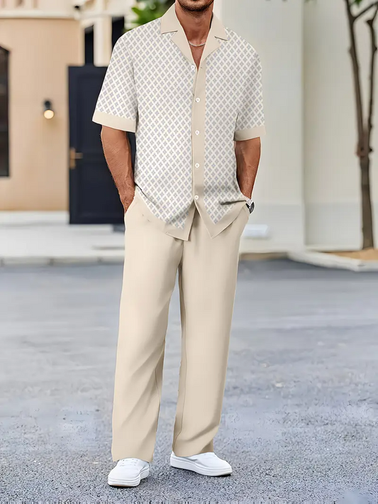 Men's Apricot & White Printed Suit-Inspired Shirt & Pants Set