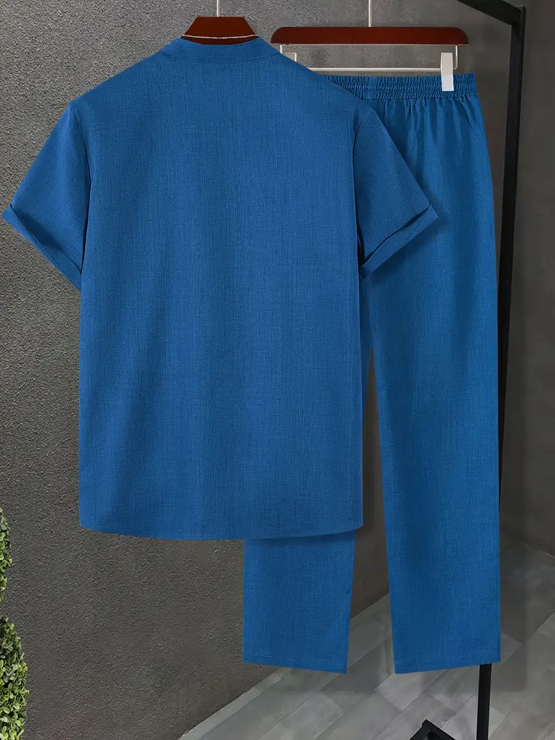 Men's Royal Blue Casual Sleeve Button Shirt & Pants Set