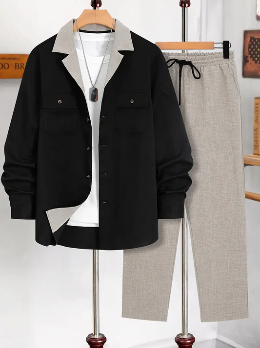 Men's Black & Khaki Suit-Inspired Full Sleeve Shirt & Pants Set