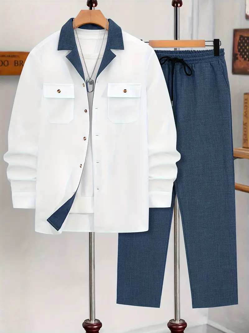 Men's Blue & White Suit-Inspired Full Sleeve Shirt & Pants Set