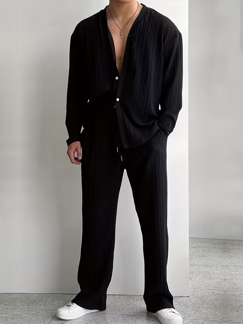 Men's Black Textured Full Sleeve Shirt & Pants Set