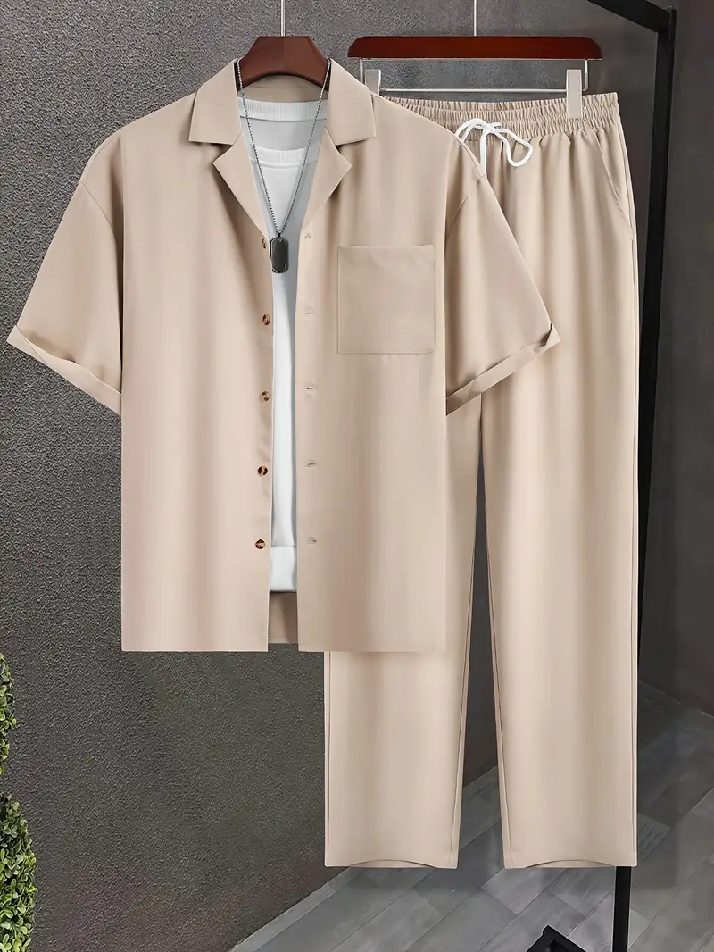 Men's Apricot Casual Suit-Inspired Shirt & Pants Set