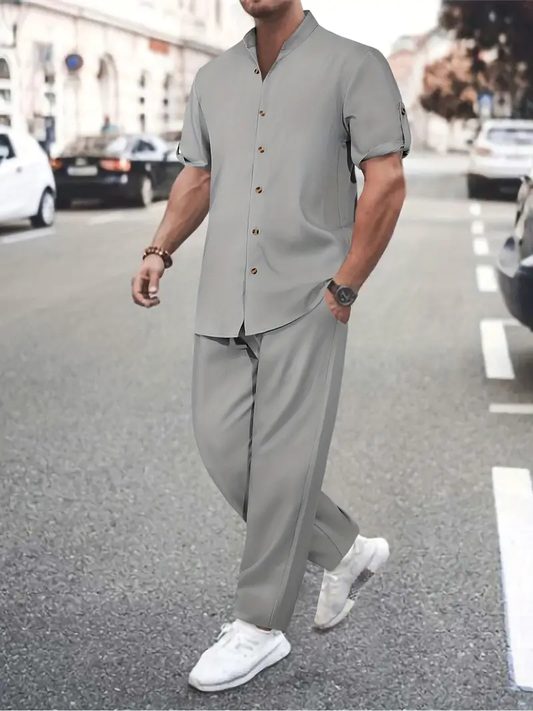 Men's Grey Casual Sleeve Button Shirt & Pants Set