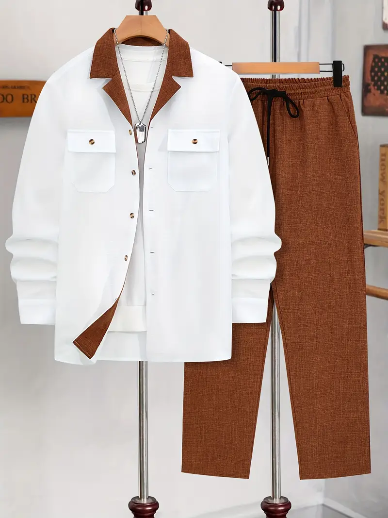 Men's Brown & White Suit-Inspired Full Sleeve Shirt & Pants Set