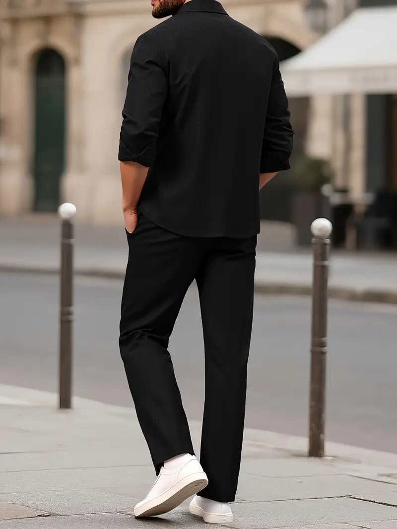 Men's Black Double Pocket Full Sleeve Shirt & Pants Set