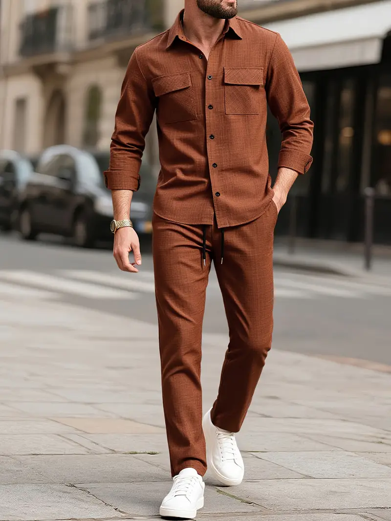 Men's Brown Double Pocket Full Sleeve Shirt & Pants Set