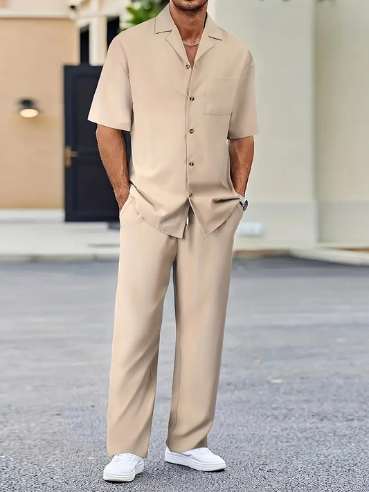 Men's Apricot Casual Suit-Inspired Shirt & Pants Set