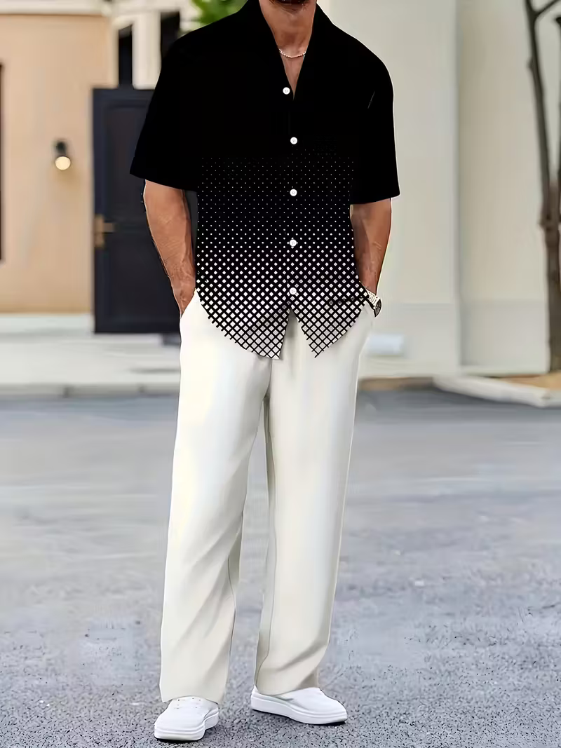 Men's Stylish Black & White Suit-Inspired Shirt & Pants Set