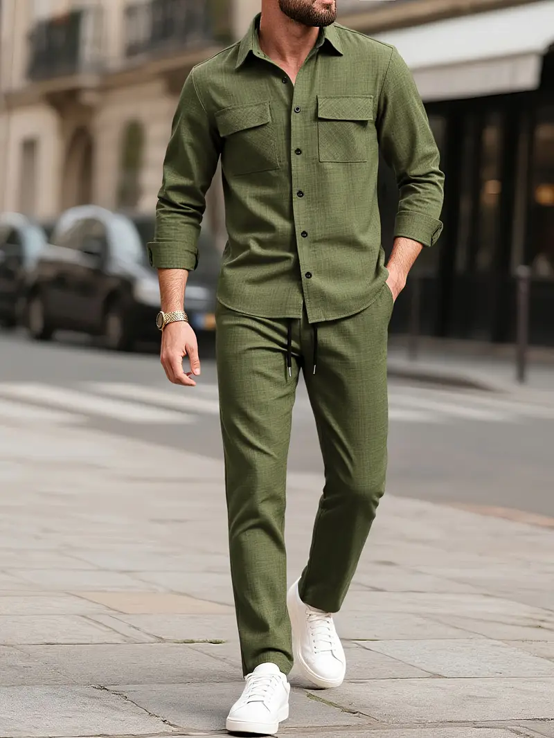 Men's Army Green Double Pocket Full Sleeve Shirt & Pants Set