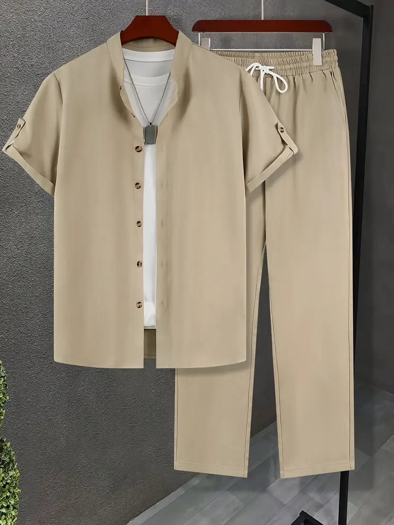 Men's Apricot Casual Sleeve Button Shirt & Pants Set