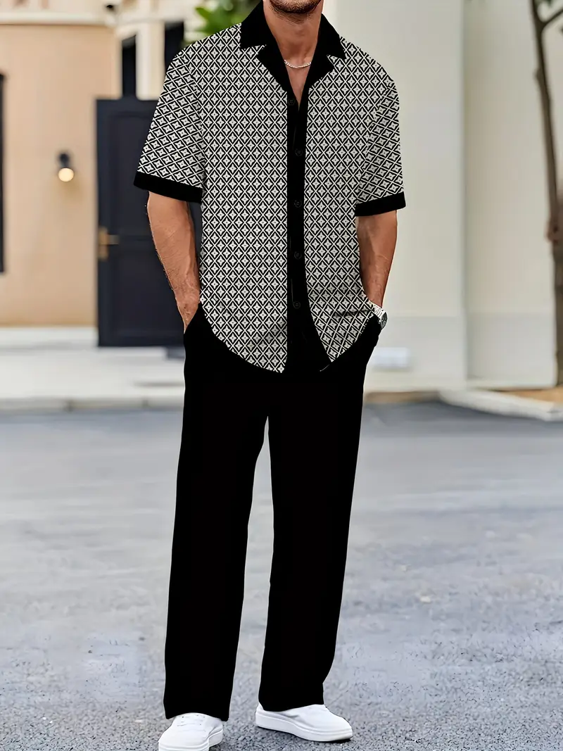 Men's Black & White Printed Suit-Inspired Shirt & Pants Set