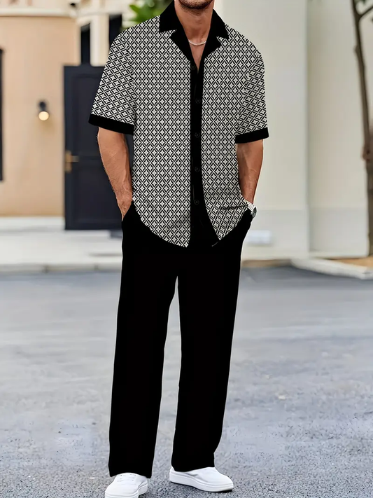 Men's Black & White Printed Suit-Inspired Shirt & Pants Set