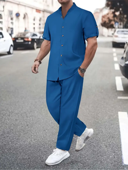 Men's Royal Blue Casual Sleeve Button Shirt & Pants Set