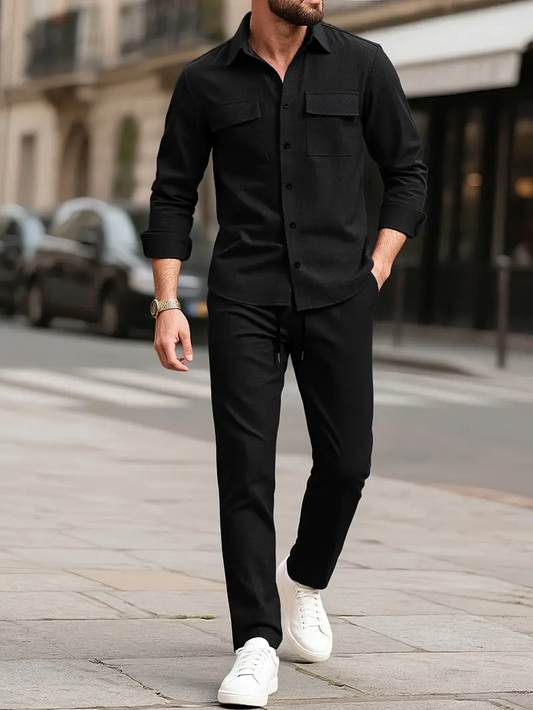 Men's Black Double Pocket Full Sleeve Shirt & Pants Set