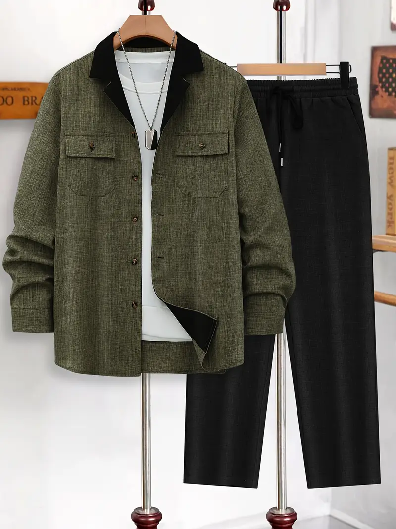 Men's Green & Black Suit-Inspired Full Sleeve Shirt & Pants Set