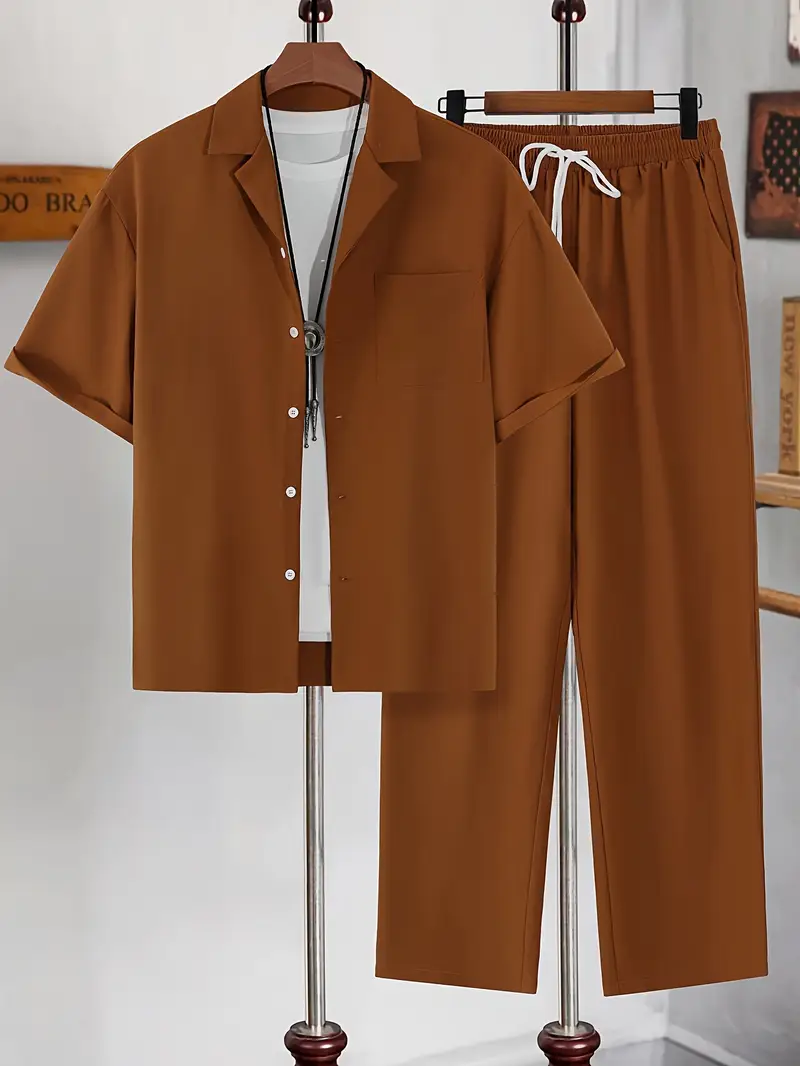 Men's Brown Casual Suit-Inspired Shirt & Pants Set