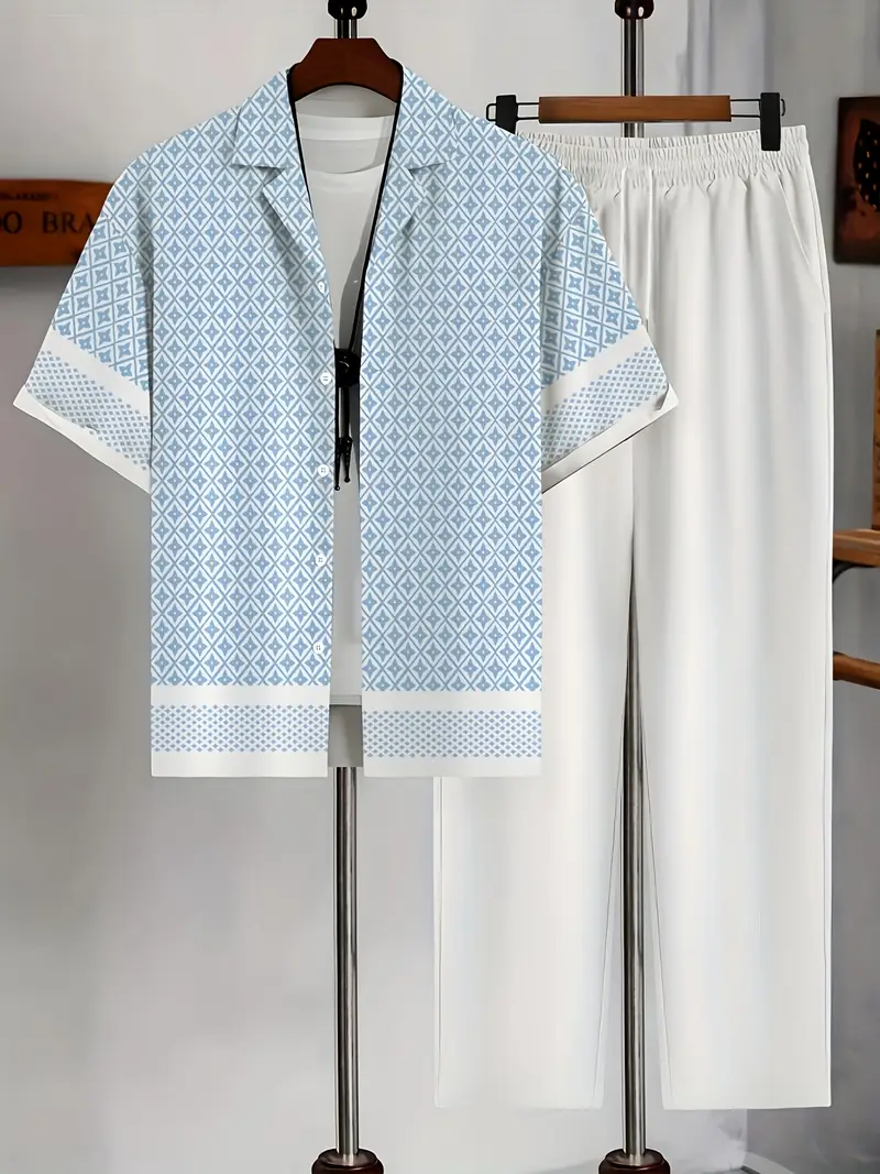 Men's Blue & White Printed Suit-Inspired Shirt & Pants Set