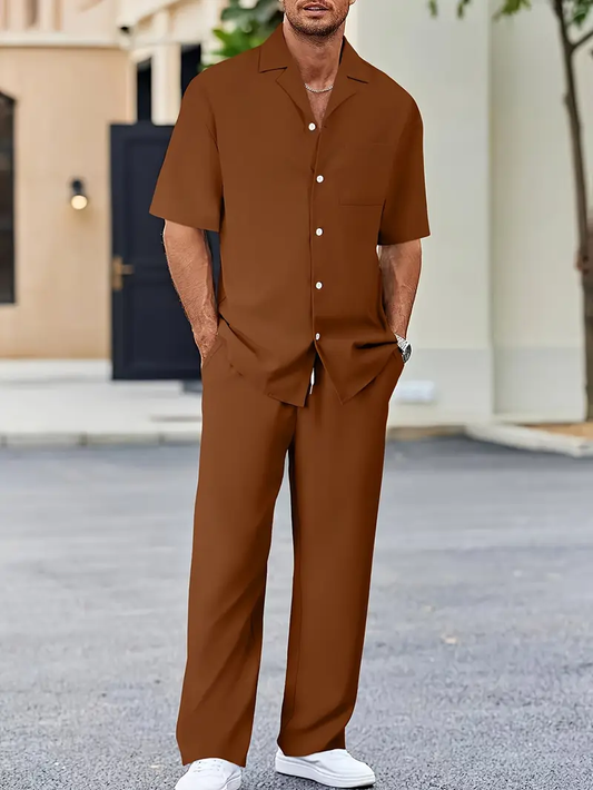 Men's Brown Casual Suit-Inspired Shirt & Pants Set