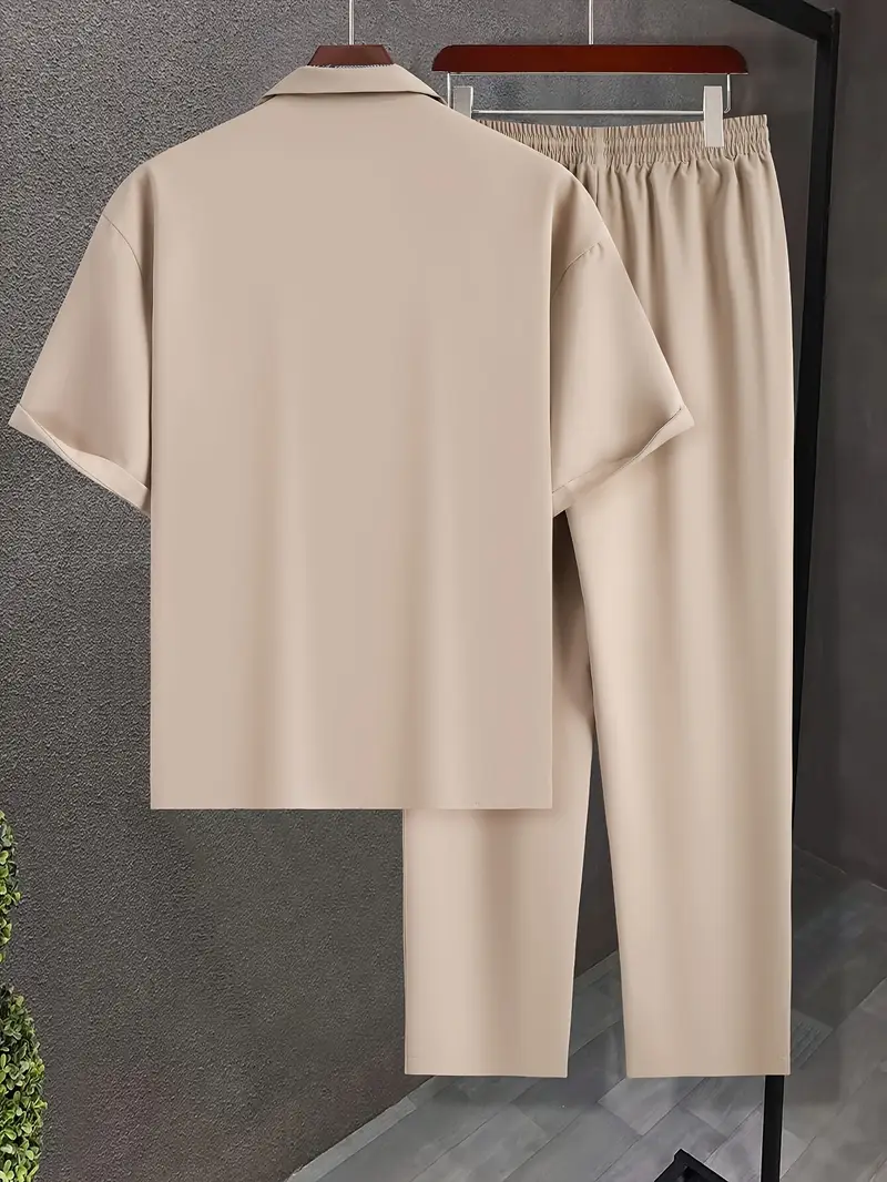 Men's Apricot Casual Suit-Inspired Shirt & Pants Set