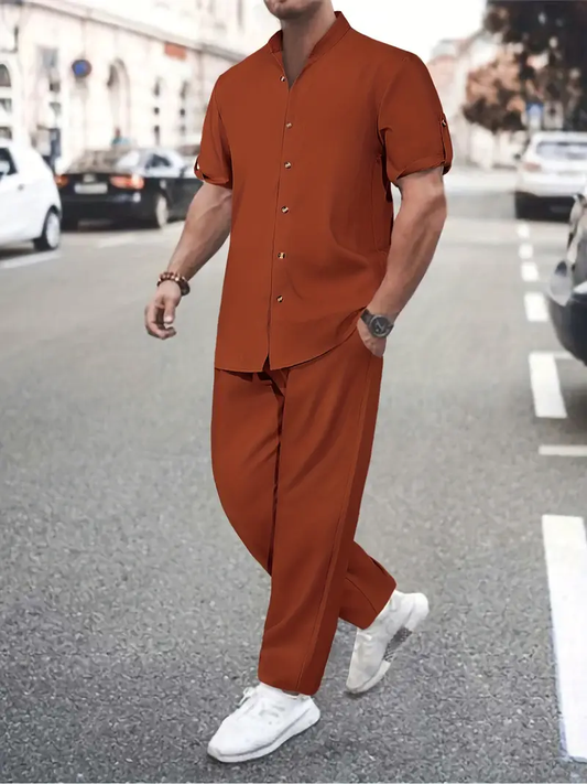 Men's Rust Casual Sleeve Button Shirt & Pants Set