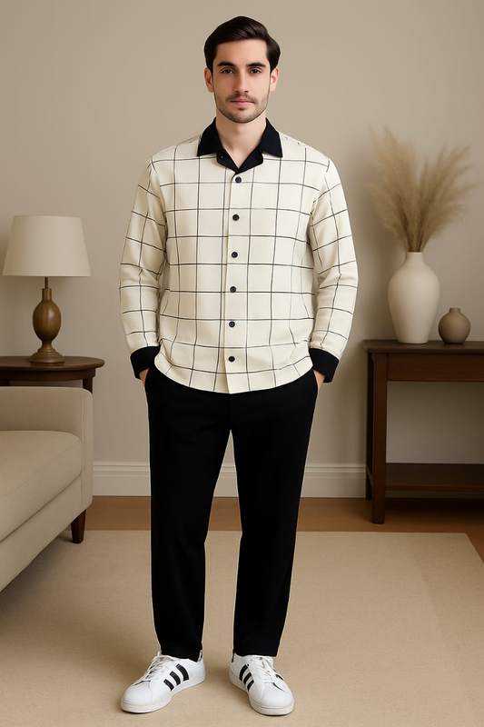 Men's Black & White Block Print Shirt & Pants Set