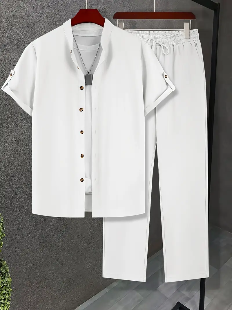 Men's White Casual Sleeve Button Shirt & Pants Set
