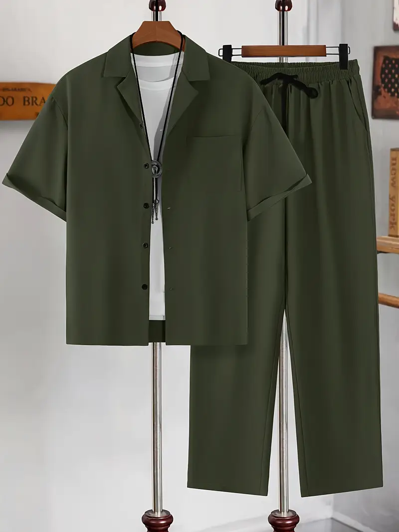 Men's Army Green Casual Suit-Inspired Shirt & Pants Set