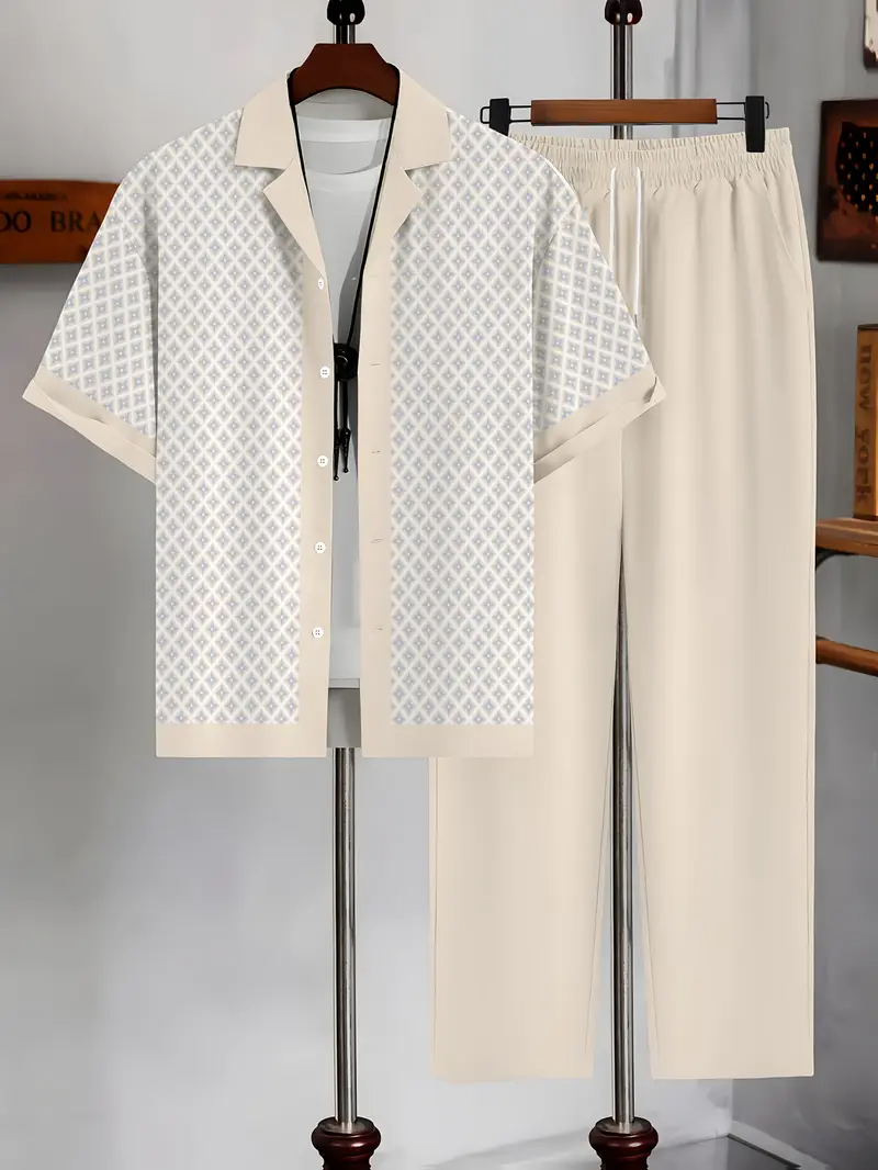 Men's Apricot & White Printed Suit-Inspired Shirt & Pants Set