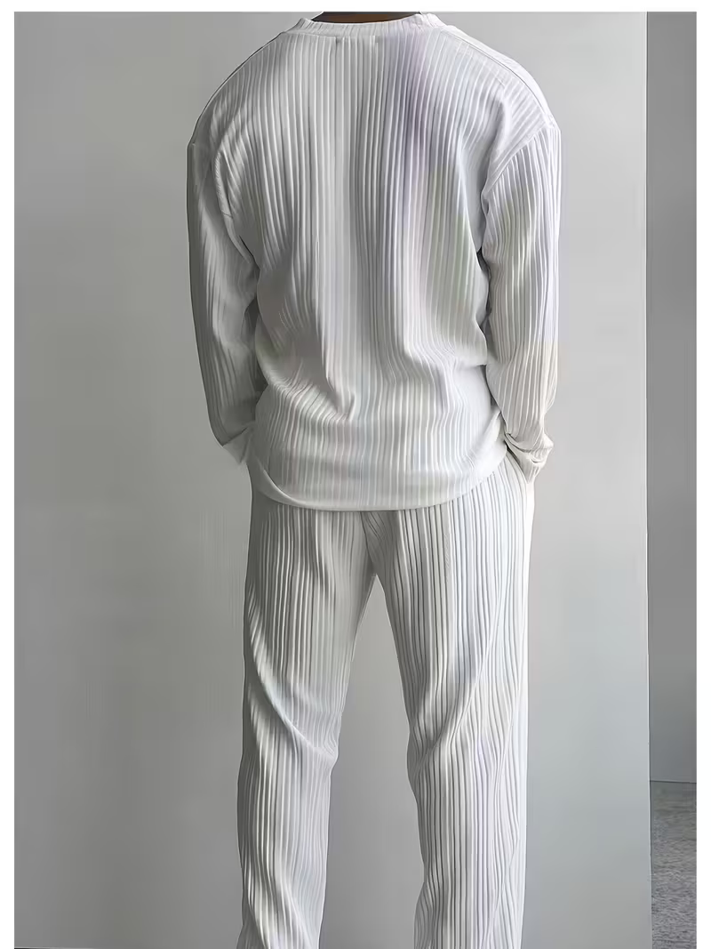 Men's White Textured Full Sleeve Shirt & Pants Set